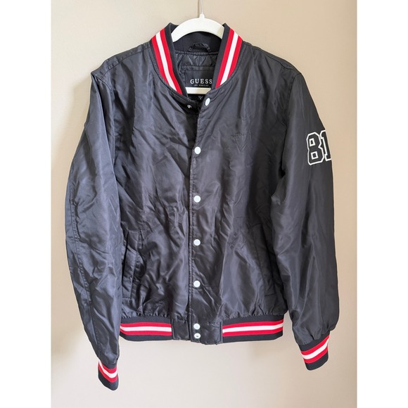 Guess Other - Guess Los Angeles Black Varsity Jacket with Red Stripes Size Medium